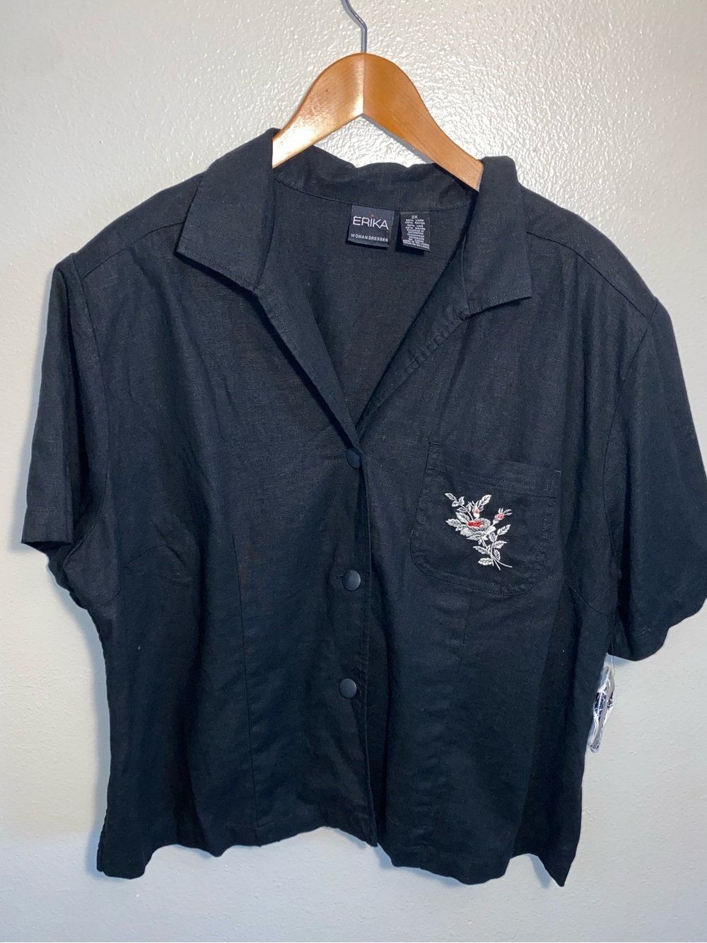 Erika Woman Black Floral Embroidered Linen Blend Button Up Blouse Size 2X